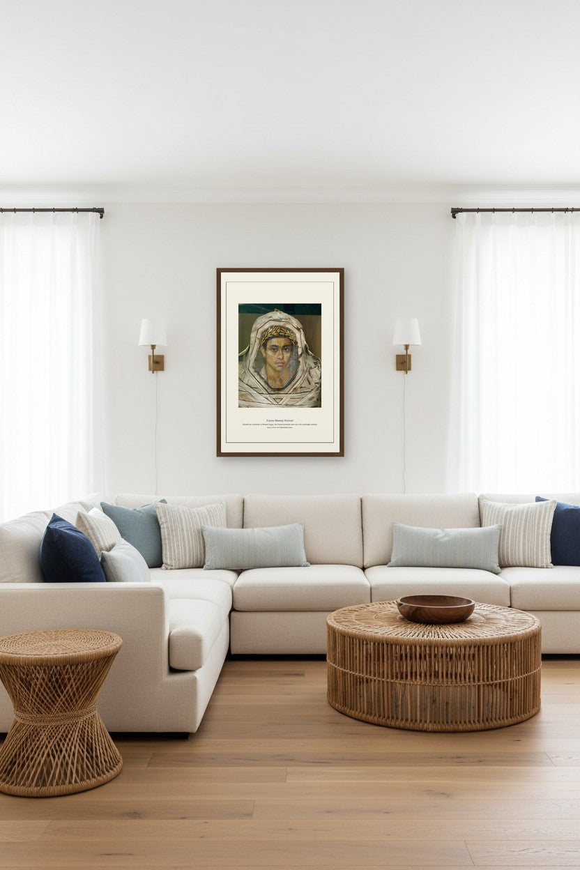 Framed Fayum Mummy Portrait print above a desk in a dark wood-paneled study