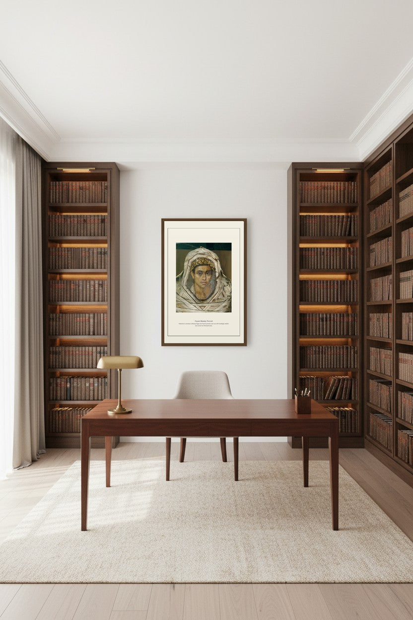Fayum Mummy Portrait print displayed on a plain cream gallery wall mockup