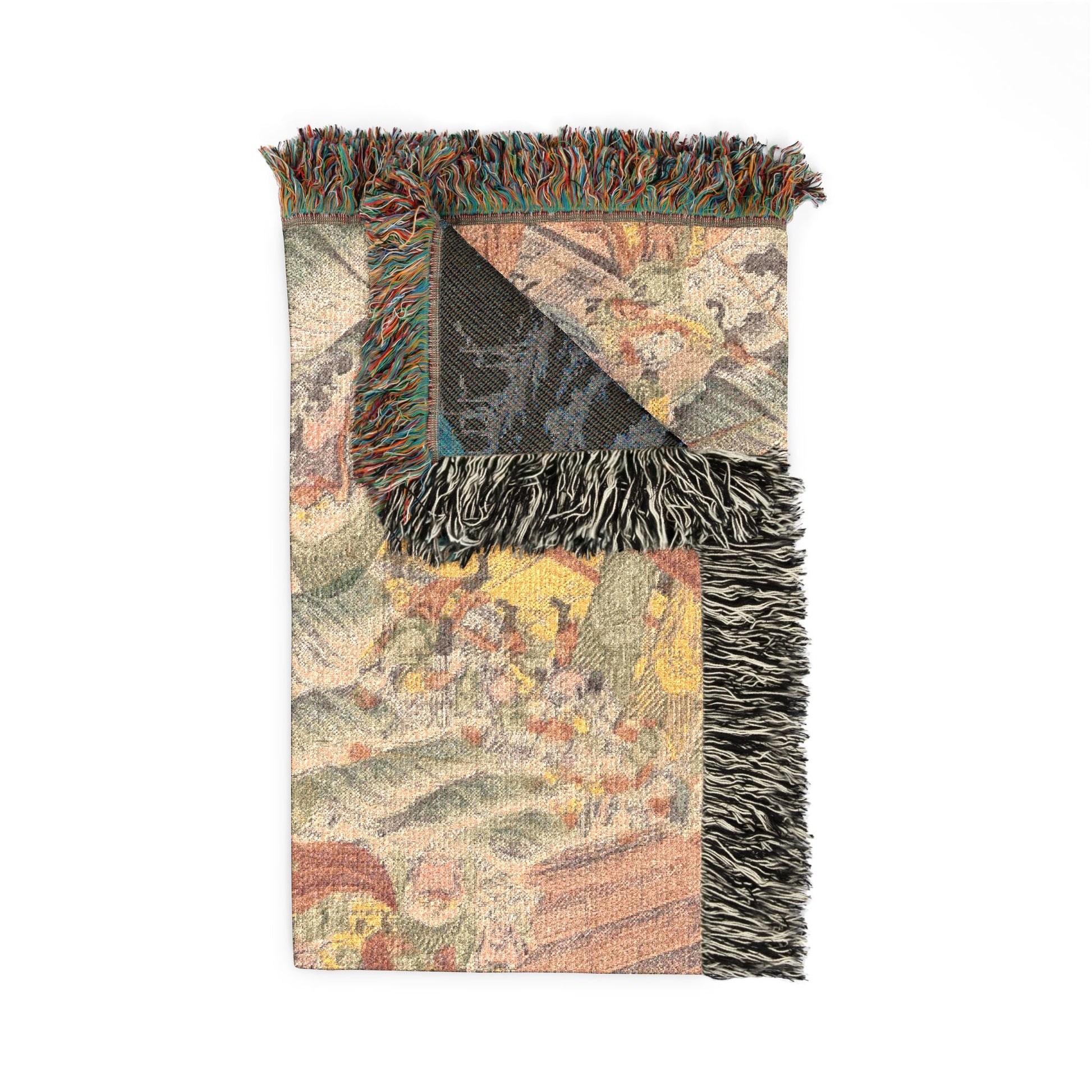 Fierce Battle of Red Cliff blanket corner fold, front Chinese battle scene and dark blue-teal reverse corner, fringe
