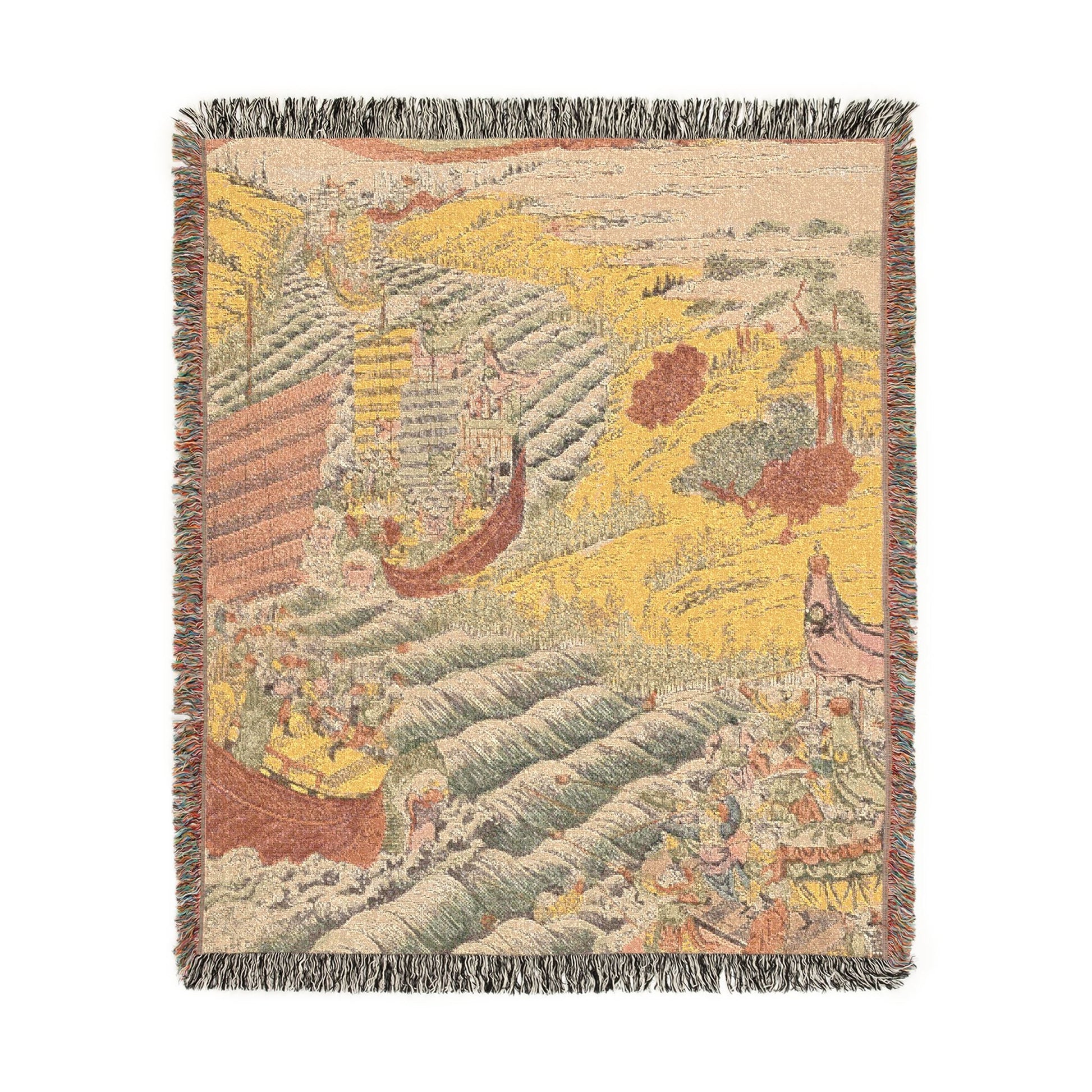Red Cliff Battle blanket front view, Chinese battle scene with swirling crags, soldiers, vivid yellow and green, pink border