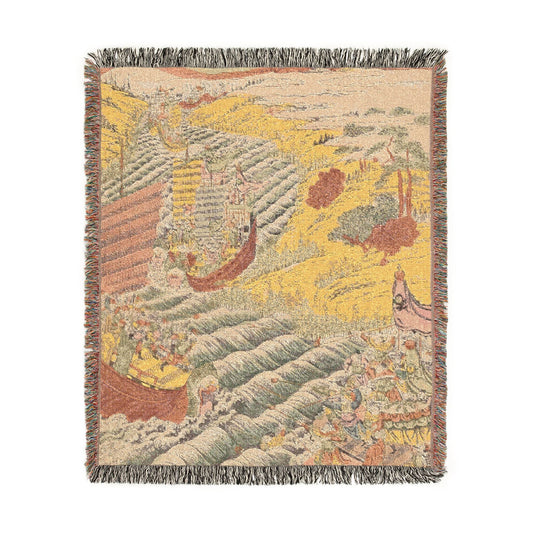 Red Cliff Battle blanket front view, Chinese battle scene with swirling crags, soldiers, vivid yellow and green, pink border