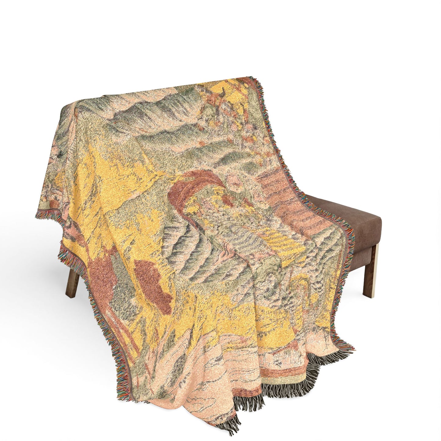 Fierce Battle of Red Cliff blanket on bench, yellow-green-terracotta battle scene with swirling cliff forms, fringe