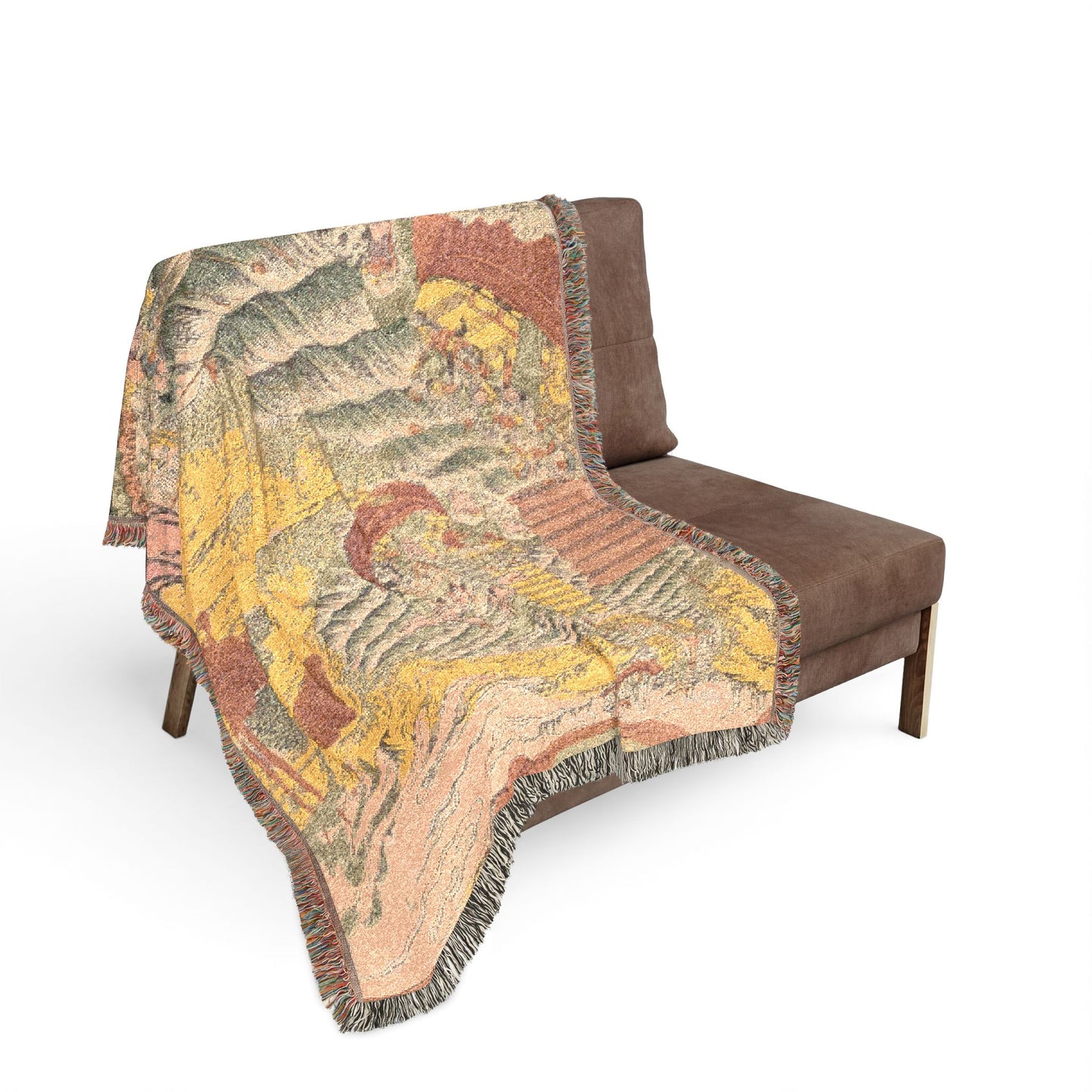 Fierce Battle of Red Cliff blanket on sofa, vivid yellow and green battle scene with terracotta, fringe draping