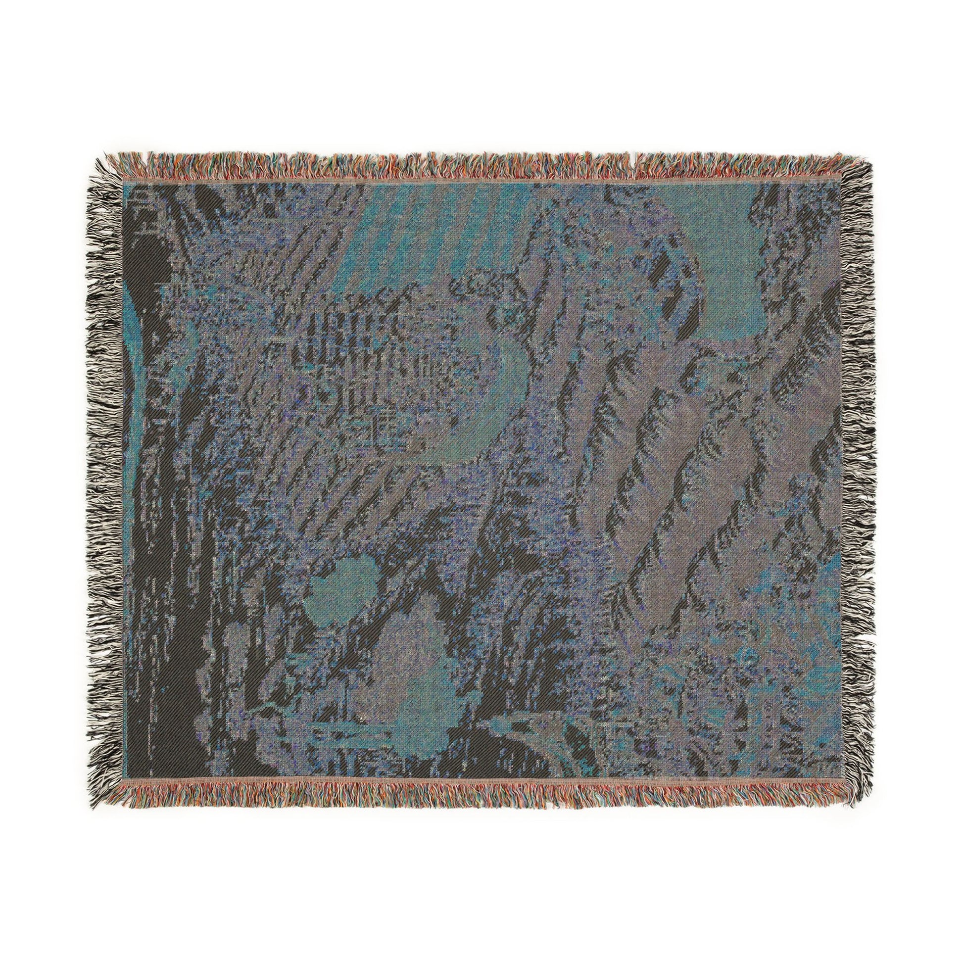 Fierce Battle of Red Cliff blanket reverse, dark slate-charcoal with blue-teal battle scene silhouettes, fringe