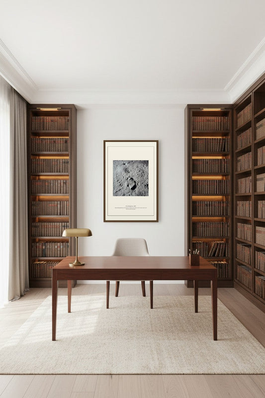First Bootprint photograph framed above a dark wood desk in a study with built-in bookshelves