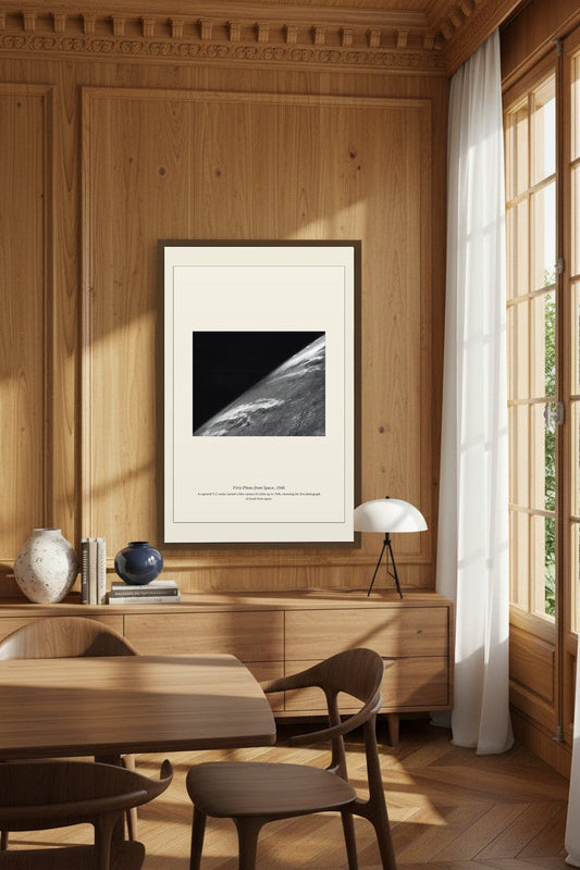 First Photo from Space framed print on a wood-paneled wall beside a tall curtained window