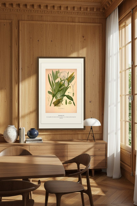 Florentine Iris botanical print framed in a wood-paneled dining room above a sideboard