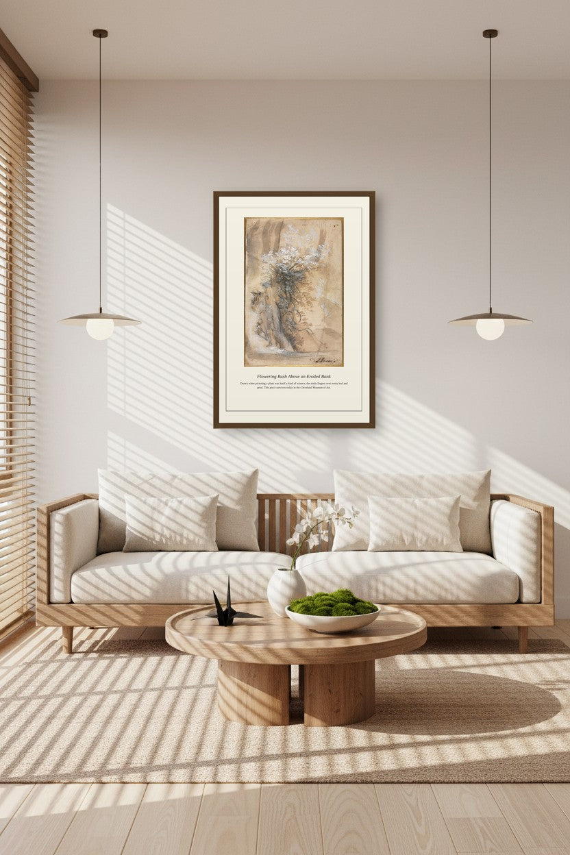 Flowering Bush Above an Eroded Bank above a white sofa with patterned pillows