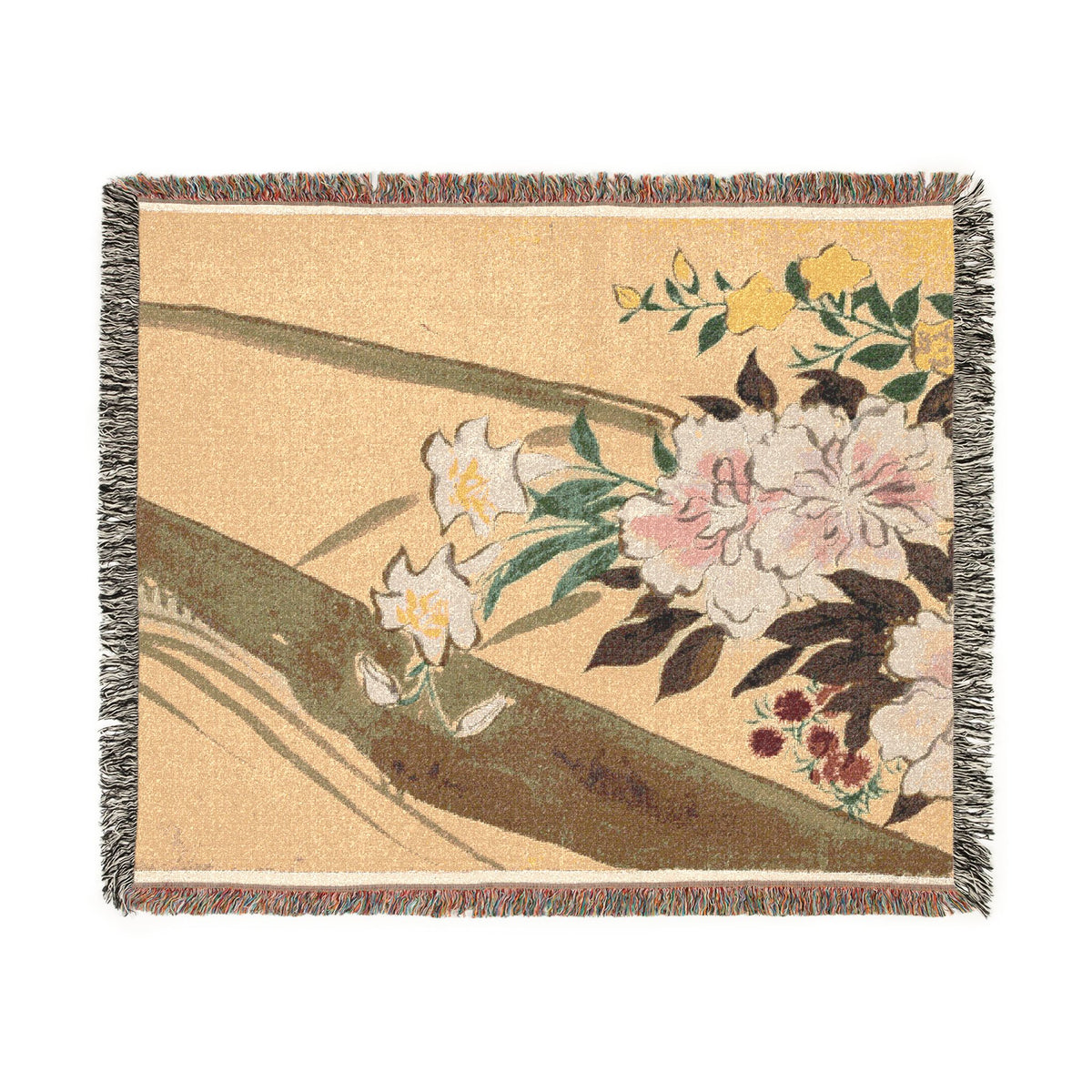 Momoyogusa flower boat woven throw blanket, cream with Japanese woodblock floral boat in pinks and greens, flat lay