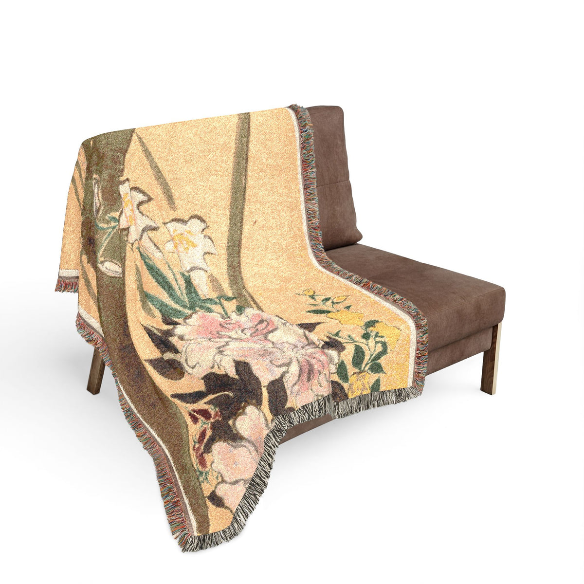 Momoyogusa flower boat woven throw blanket over loveseat, cream with Japanese woodblock florals, fringe cascading