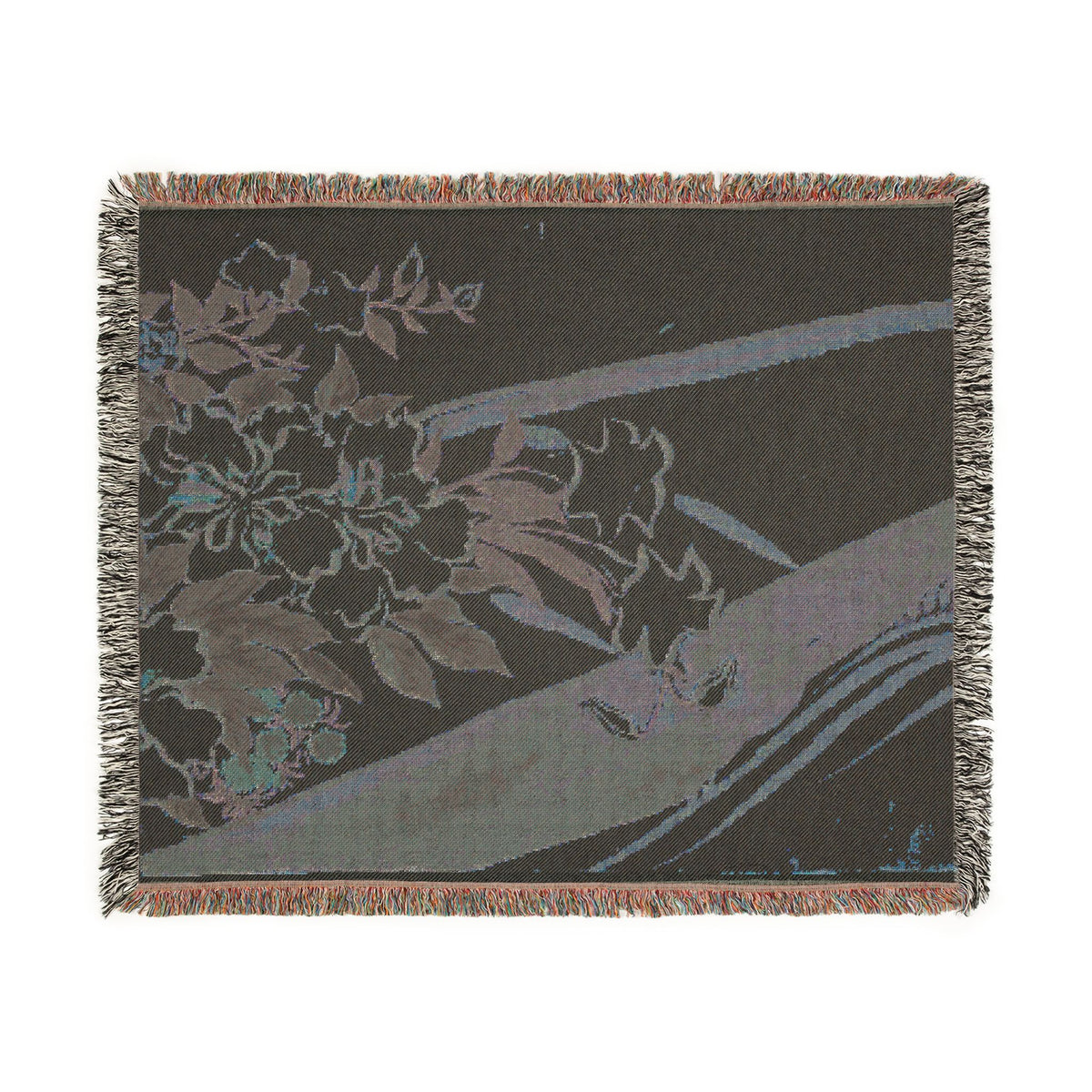 Momoyogusa flower boat woven throw blanket dark colorway, charcoal with slate-blue Japanese floral boat, fringe
