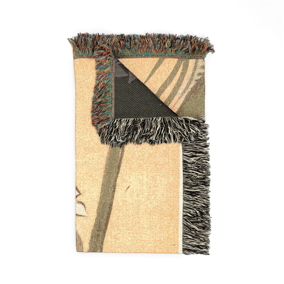 Momoyogusa flower boat woven throw blanket, pale cream front with charcoal reverse through top fold, corner detail