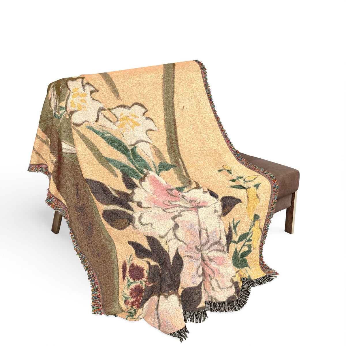 Momoyogusa flower boat woven throw blanket over bench, cream with Japanese woodblock florals, fringe draping down