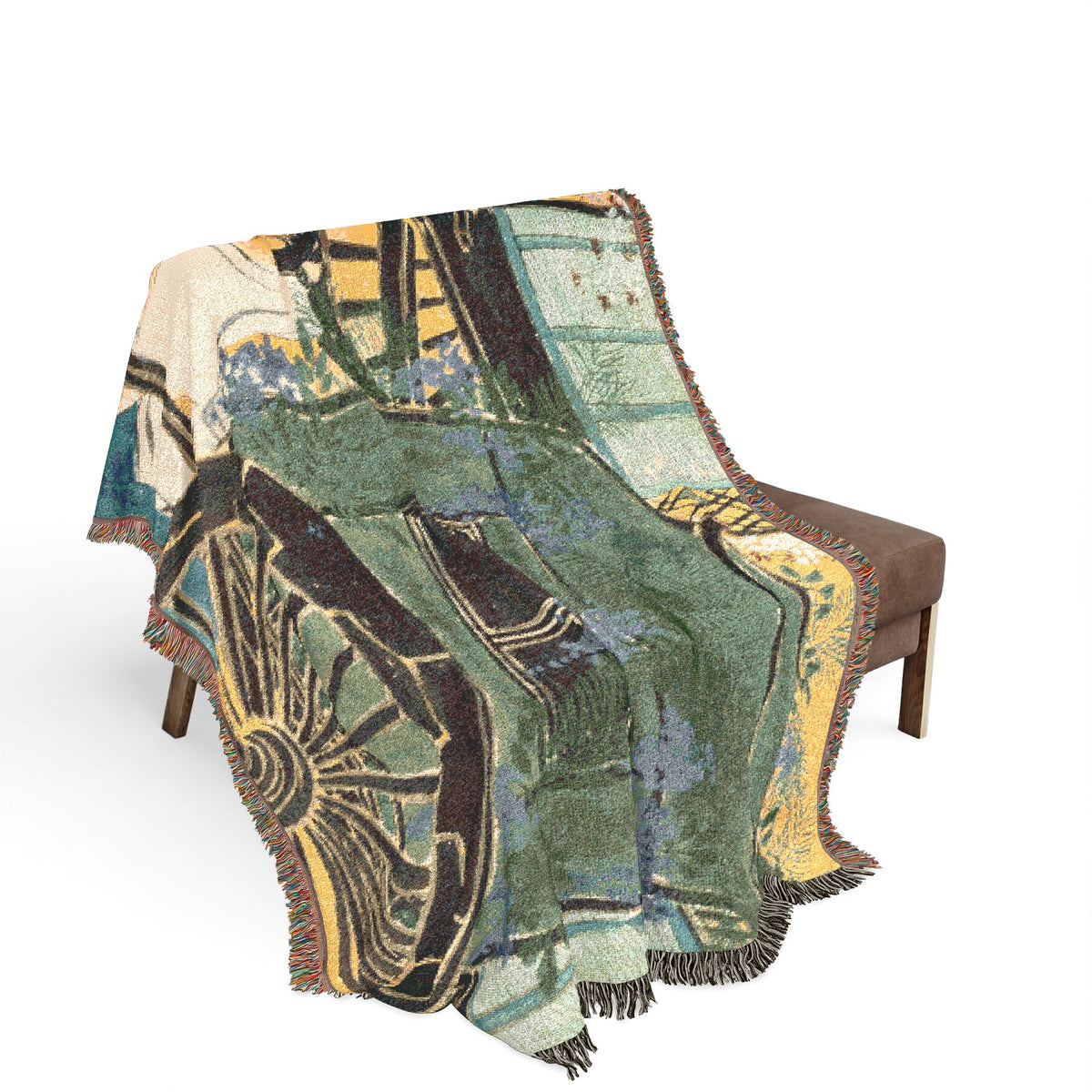Flowers of a Hundred Worlds throw blanket draped over a bench, cart and blossom scene cascading over seat and sides
