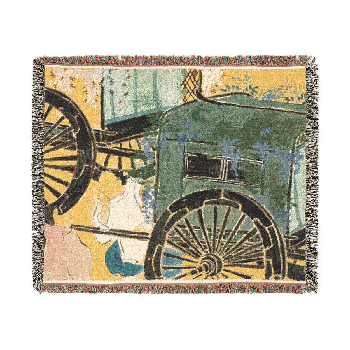 Flowers of a Hundred Worlds throw blanket flat front, flower-draped cart motif in blue and burnt orange on cream ground
