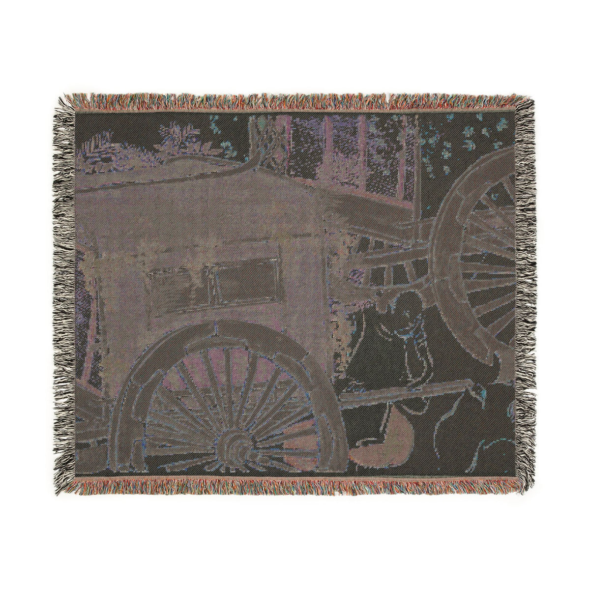 Flowers of a Hundred Worlds throw blanket reverse flat, muted tones showing back side of the flower-draped cart design