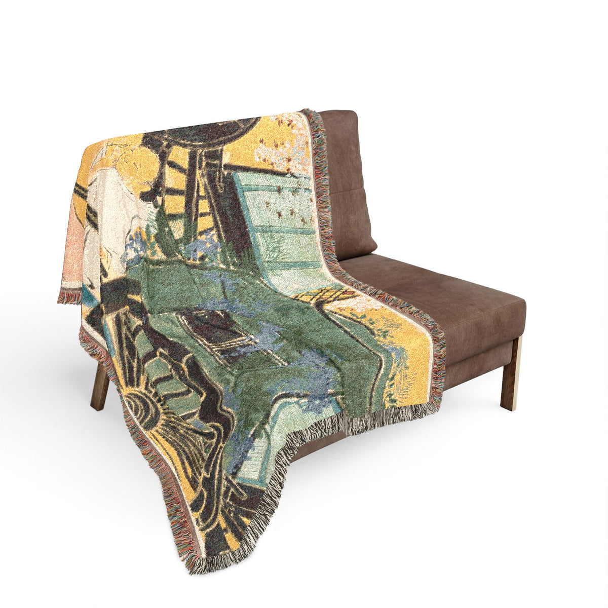 Flowers of a Hundred Worlds throw blanket over a sofa, flower-draped cart scene spanning from back to seat