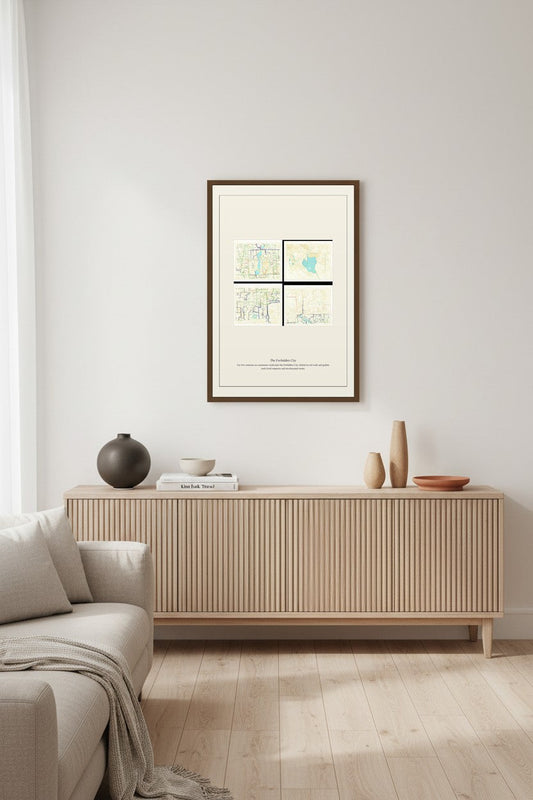 The Forbidden City maps framed above a ribbed wood sideboard in a minimalist living room