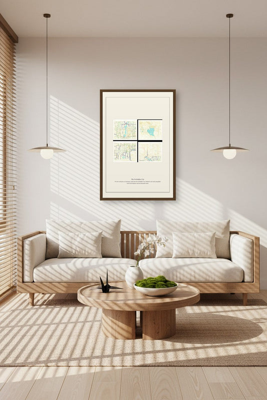 Framed Forbidden City map print above a sunlit sofa with pendant lights and a round coffee table