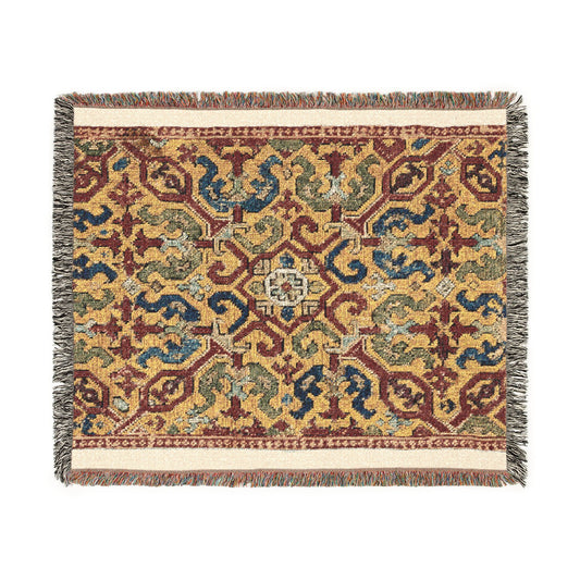 Fragment furnishing textile Woven Throw Blanket flat lay, gold arabesque on red and blue ground, cream border, fringe
