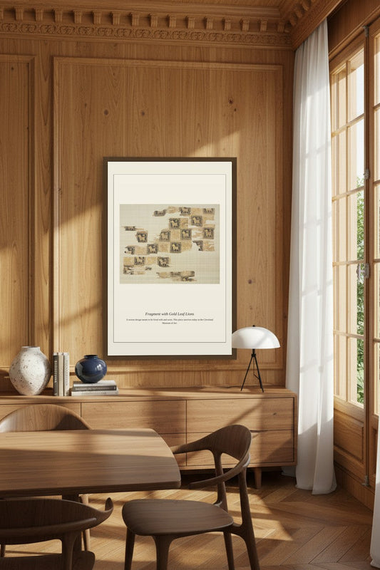 Fragment with Gold Leaf Lions framed in a wood-paneled dining room with a table lamp