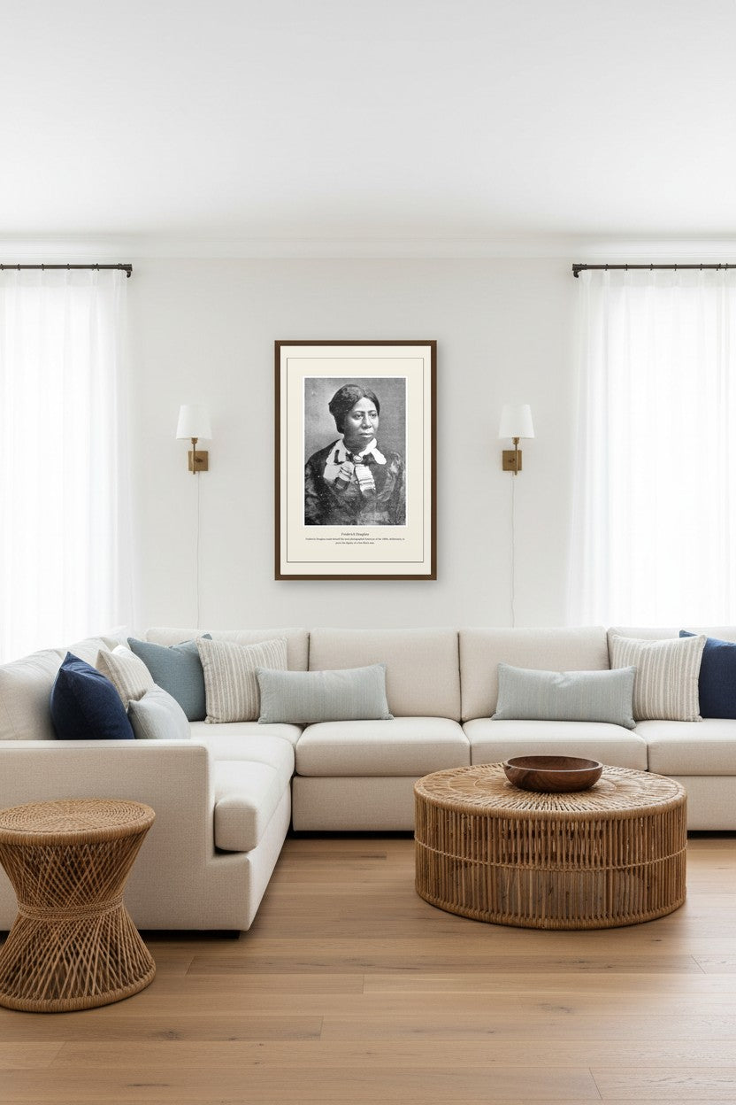Frederick Douglass portrait framed above a beige sectional sofa between curtained windows