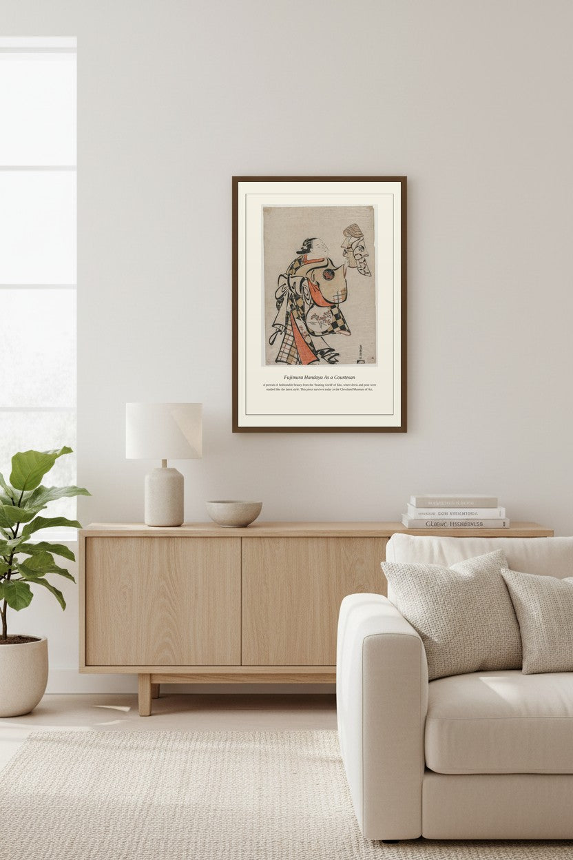 framed Fujimura Handayu woodblock print mounted above a white brick fireplace mantel with a basket and brass pot