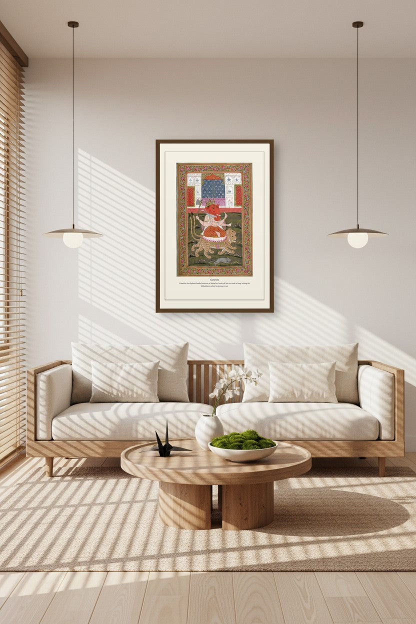 Ganesha print in a sunlit room with a light wood sofa and coffee table