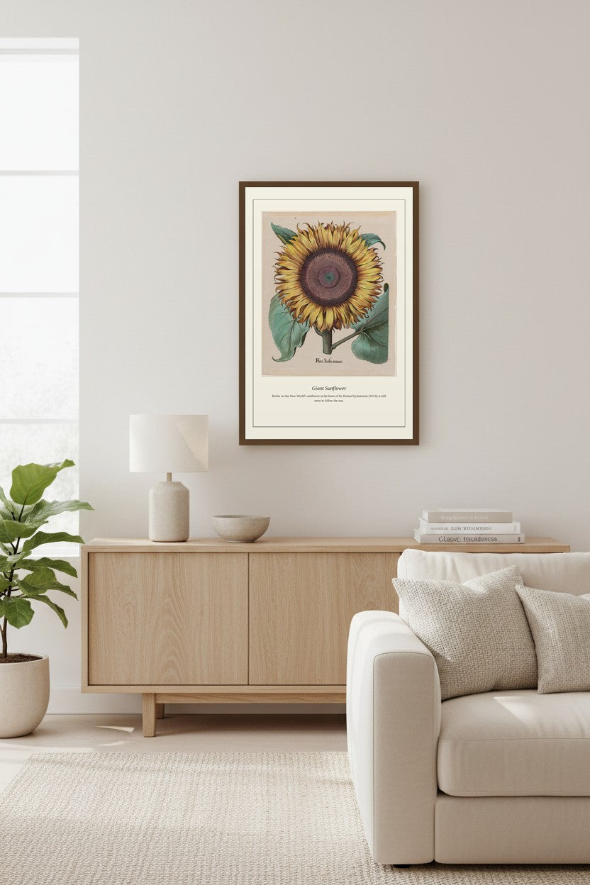 Giant Sunflower displayed above a light wood console beside a cream armchair