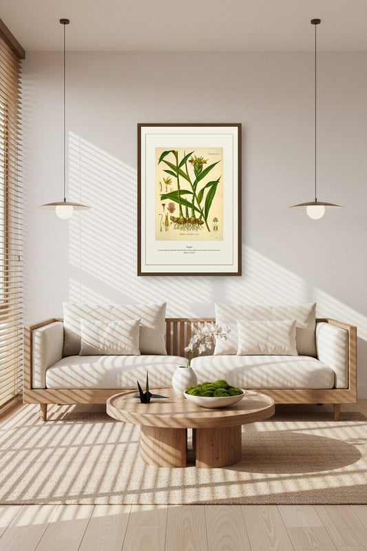 Ginger botanical print in a sunlit room with a light wood sofa and coffee table