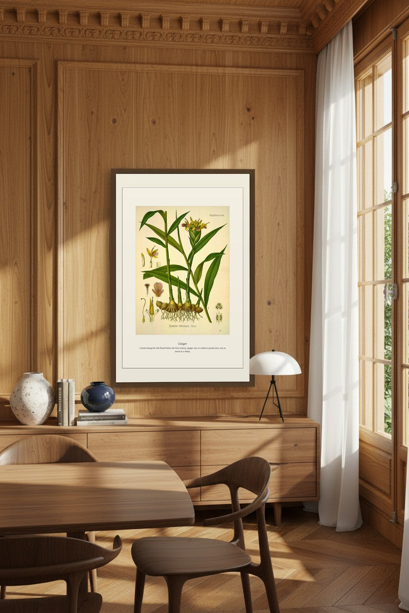 Ginger art print framed in a wood-paneled dining room beside tall windows