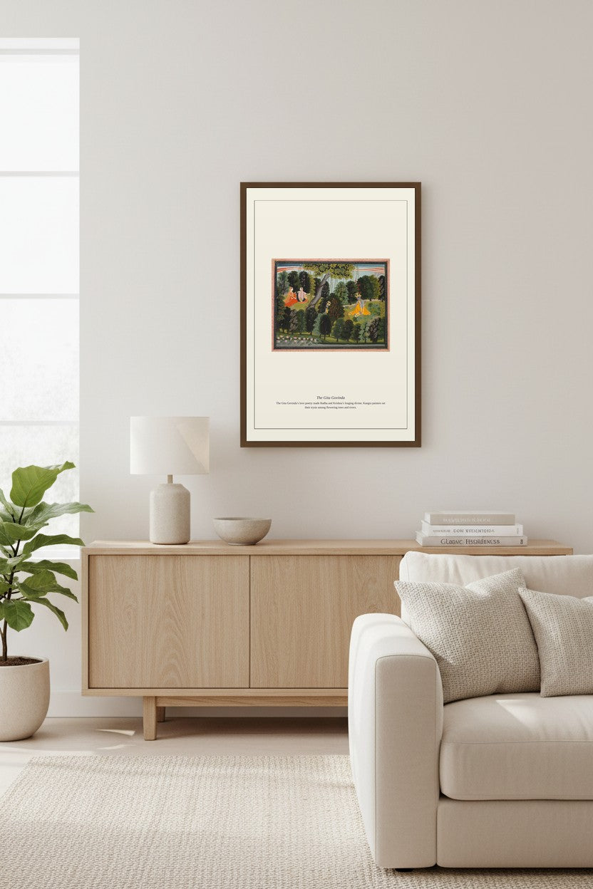 The Gita Govinda print framed above a sideboard in a sunlit living room