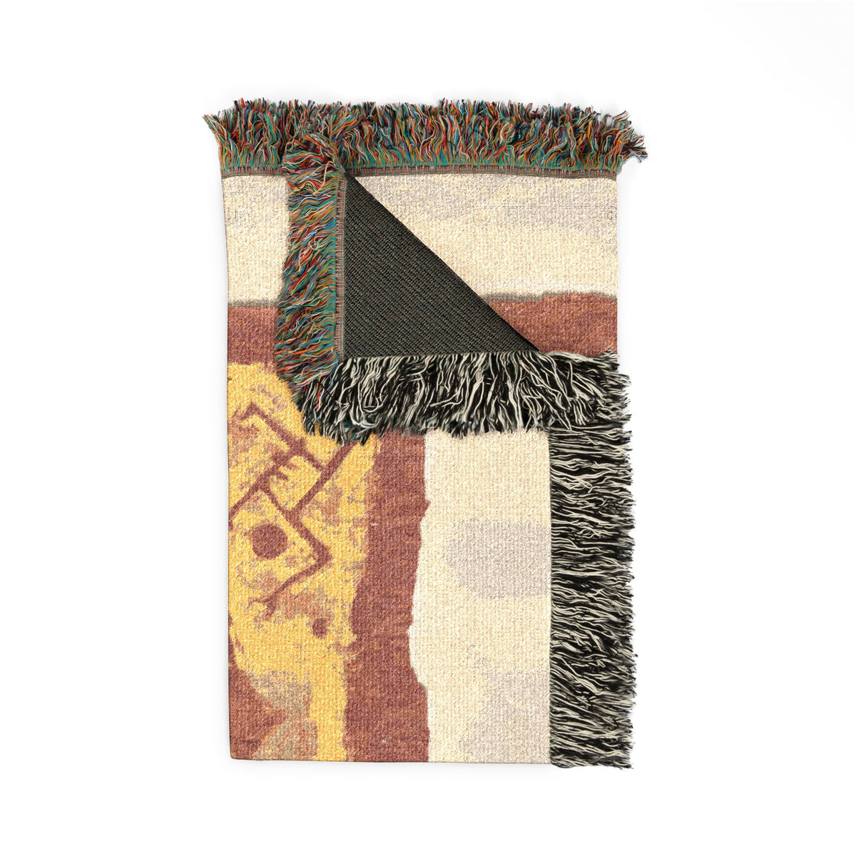 God of War woven throw blanket corner fold detail revealing both sides, rust-yellow front and charcoal back