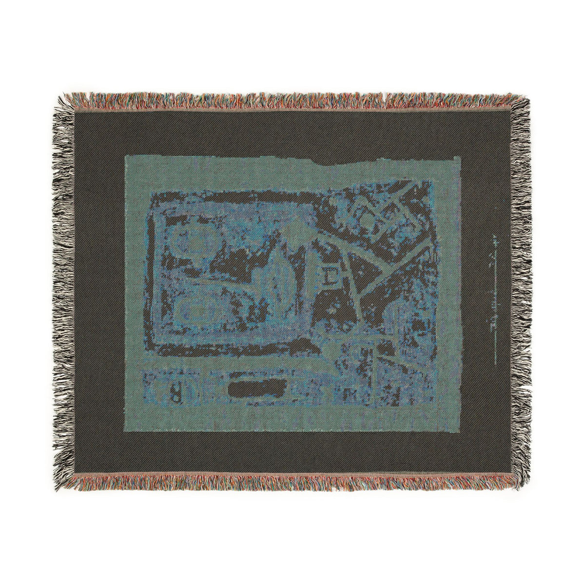 God of War woven throw blanket reverse side, dark charcoal border with teal-blue center panel, abstract figures
