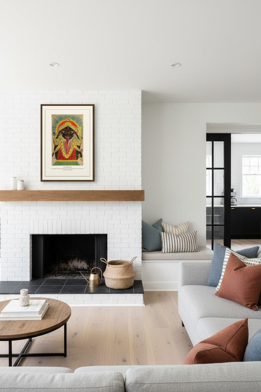 The Goddess Kali painting framed above a white brick fireplace mantel in a living room