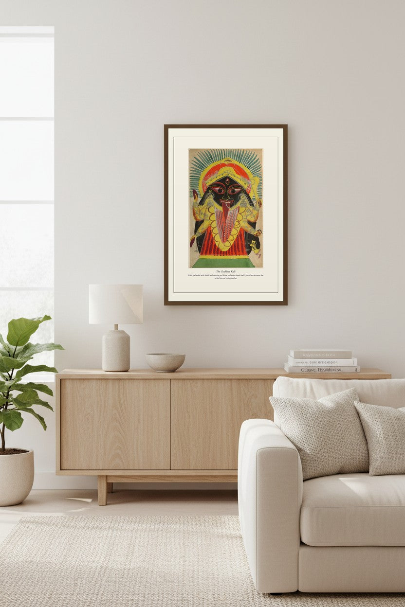 The Goddess Kali folk painting framed above a light wood sideboard beside a cream sofa