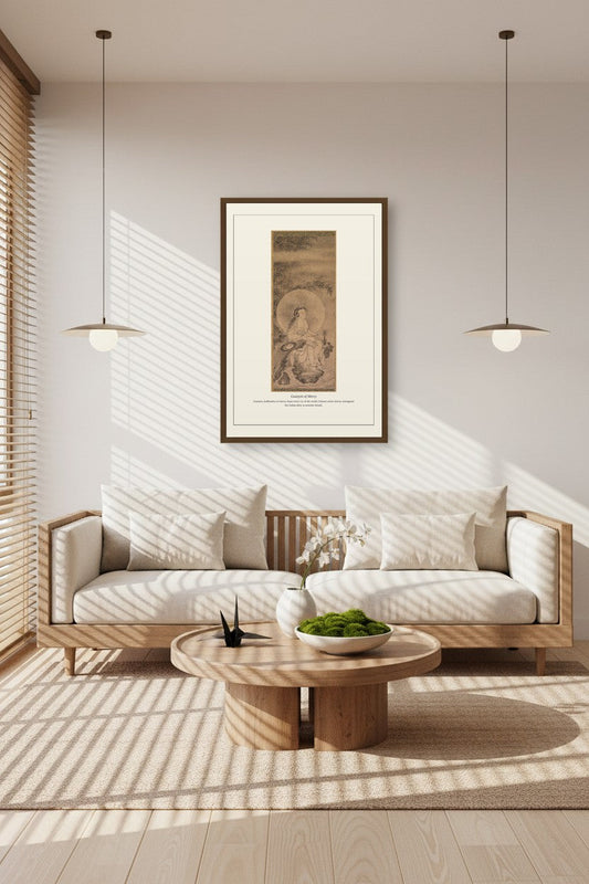 Framed Guanyin of Mercy painting above a sunlit sofa nook with pendant lamps and rug