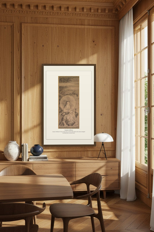 Guanyin of Mercy print displayed in a wood-paneled dining room above a fluted sideboard