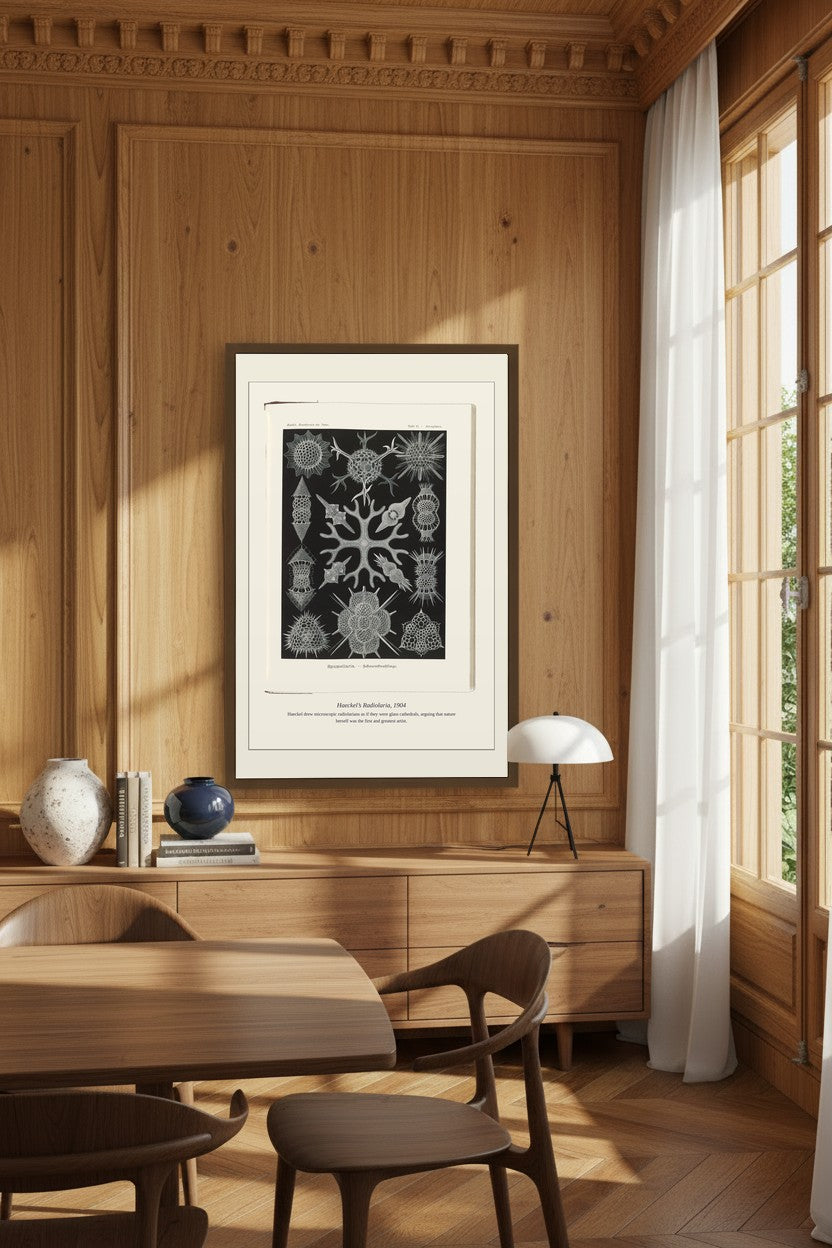 Haeckel's Radiolaria print framed on wood paneling near a dining table and window