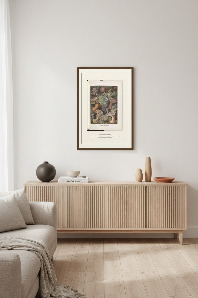 Haeckel's Sea Anemones displayed above a rattan sofa in a sunlit room with pendant lights