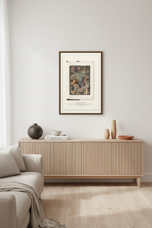 Haeckel's Sea Anemones displayed above a rattan sofa in a sunlit room with pendant lights