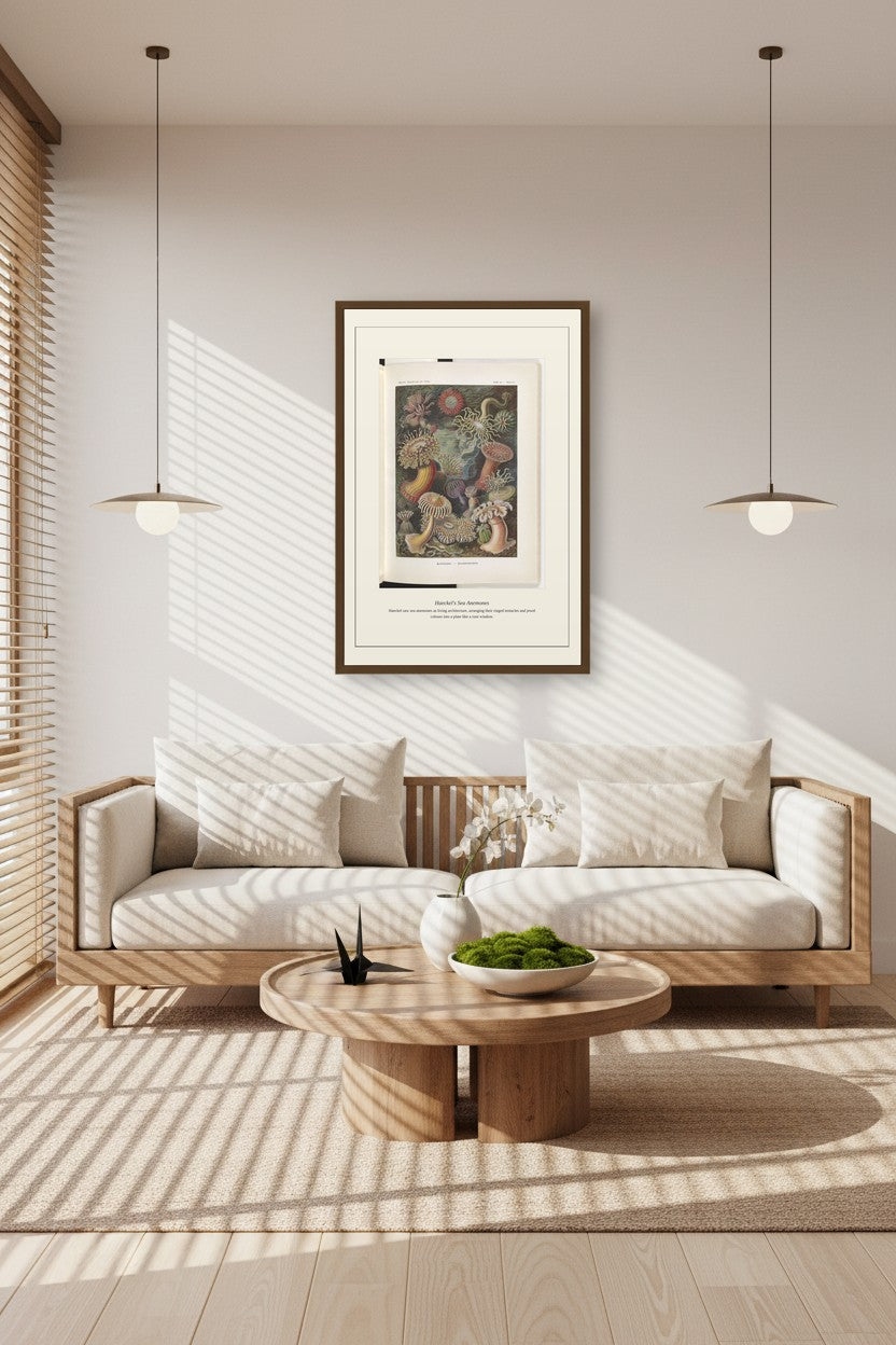 Haeckel's Sea Anemones hanging in a wood-paneled dining room above a sideboard with vases