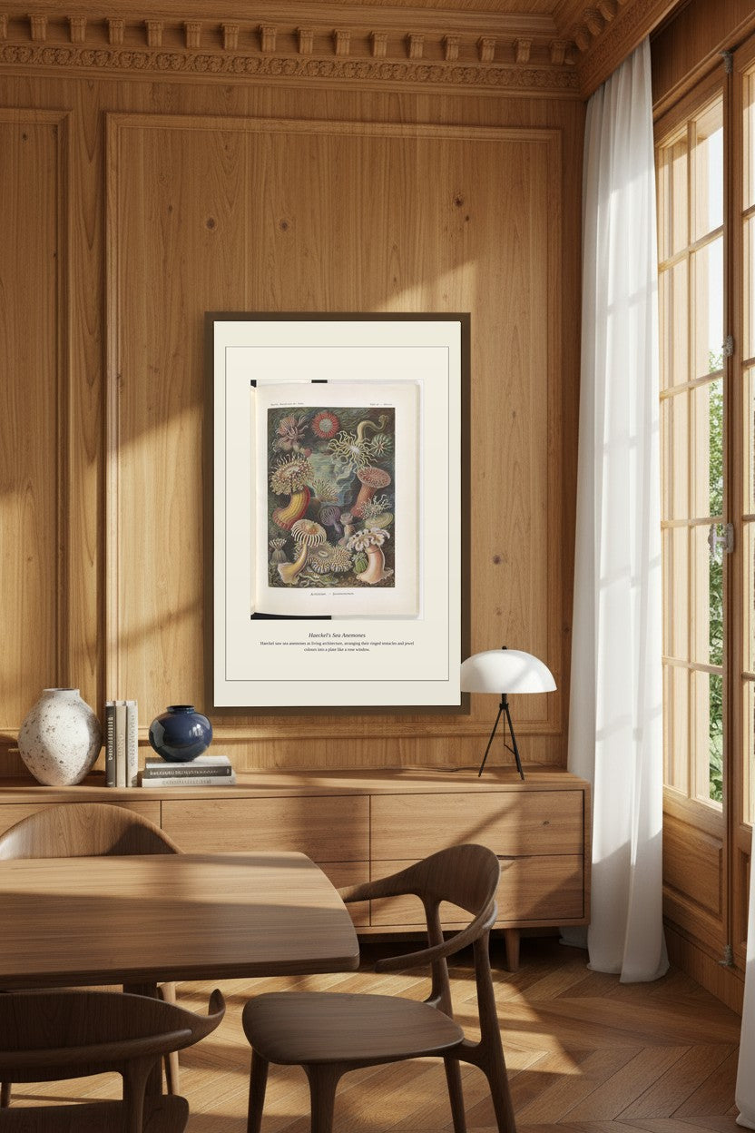 Haeckel's Sea Anemones framed print in a wood-paneled room beside tall curtained windows