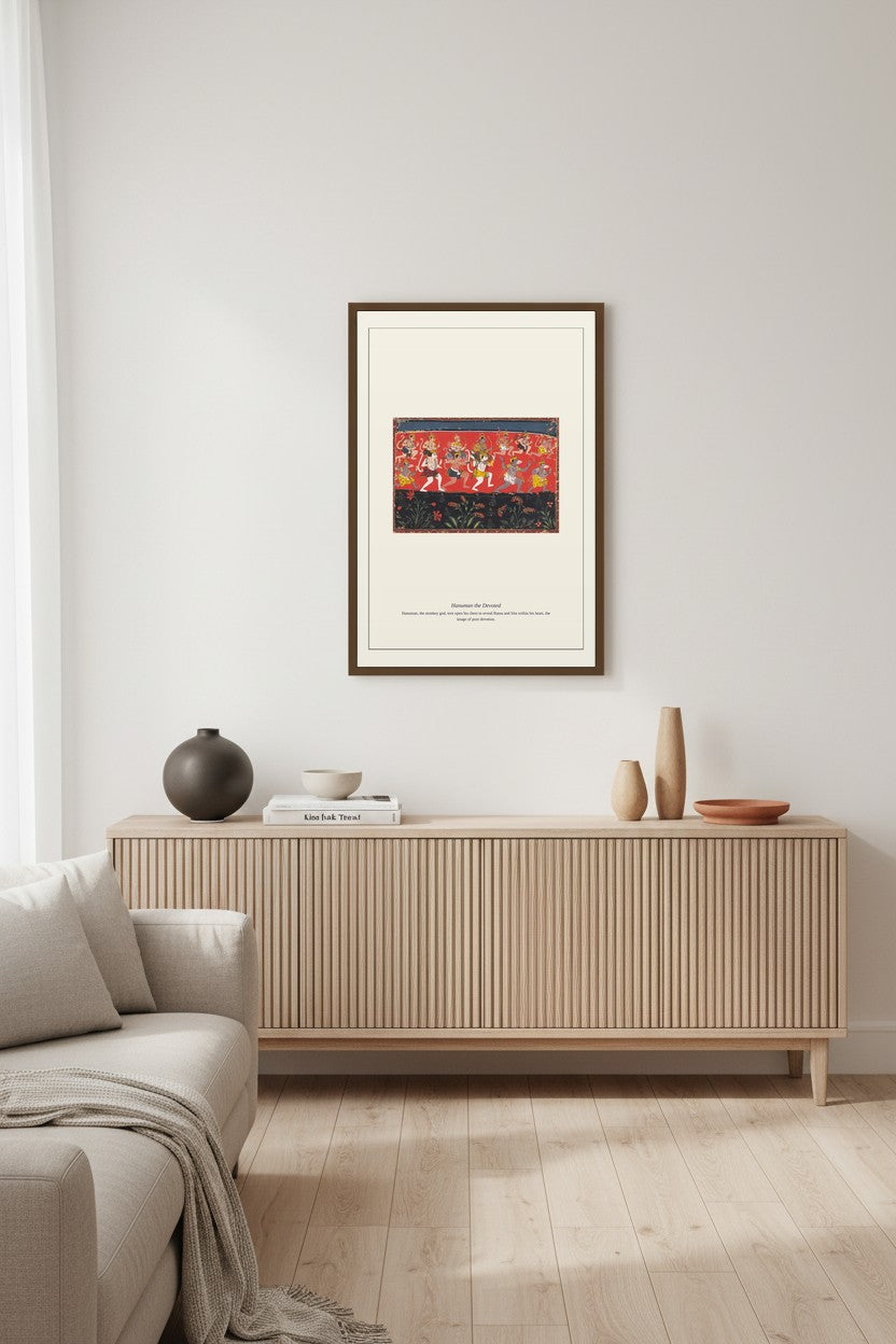 Hanuman the Devoted procession scene framed above a console in a neutral room