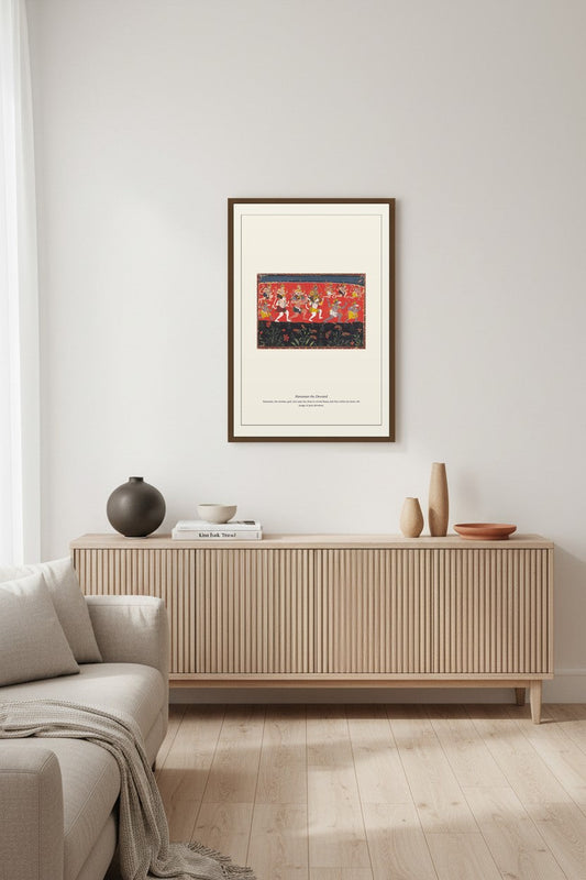 Hanuman the Devoted procession scene framed above a console in a neutral room