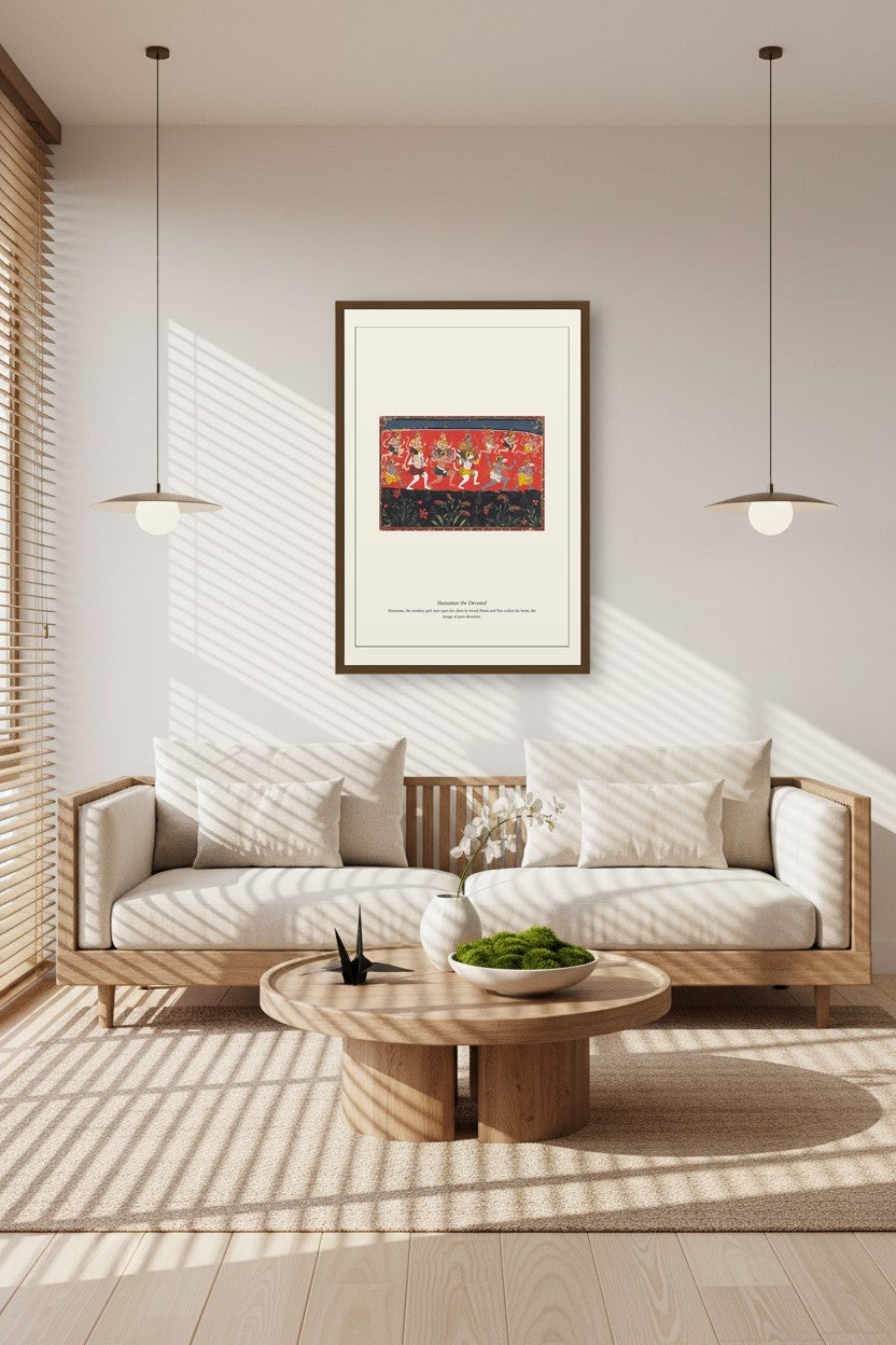 Framed Hanuman the Devoted print above a sunlit sofa with pendant lamps