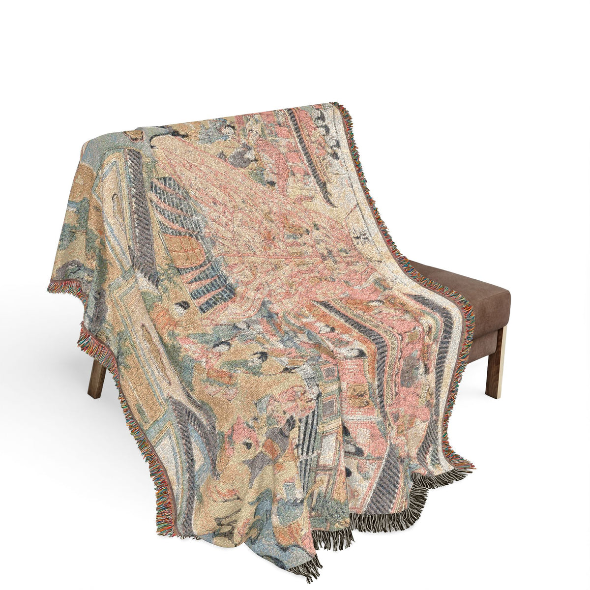 Happy New Year Woven Throw Blanket bench drape, vintage poster celebration scene cascading over bench, fringe edge