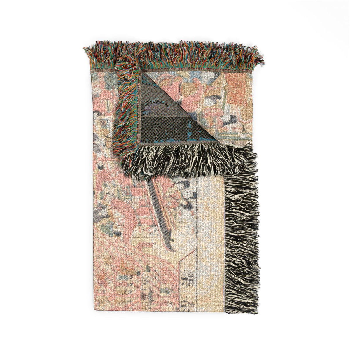 Happy New Year Woven Throw Blanket folded corner, vintage poster gold and navy with back weave visible, fringe accent