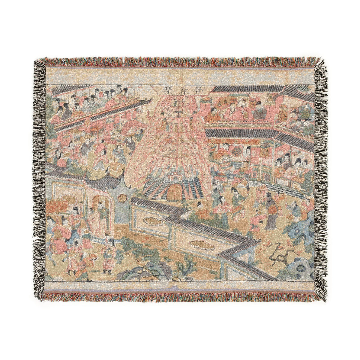 Happy New Year Woven Throw Blanket flat lay, Belle Epoque celebration scene in gold navy and red, cream border, fringe