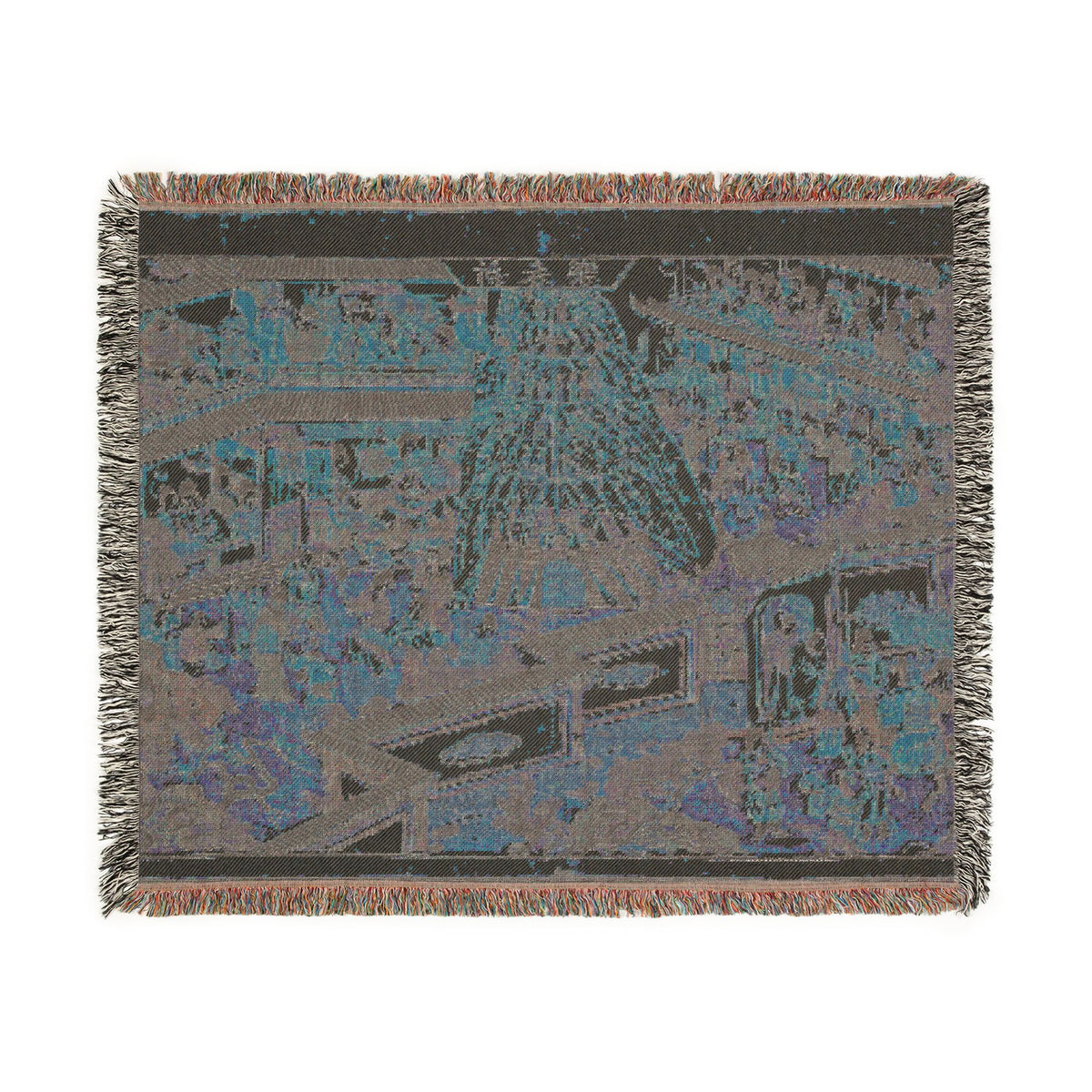 Happy New Year Woven Throw Blanket reverse flat lay, muted gold and navy tones on back weave, multicolor fringe